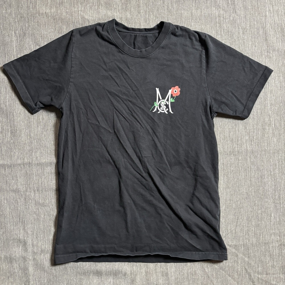 black cotton t-shirt with white and red flower design